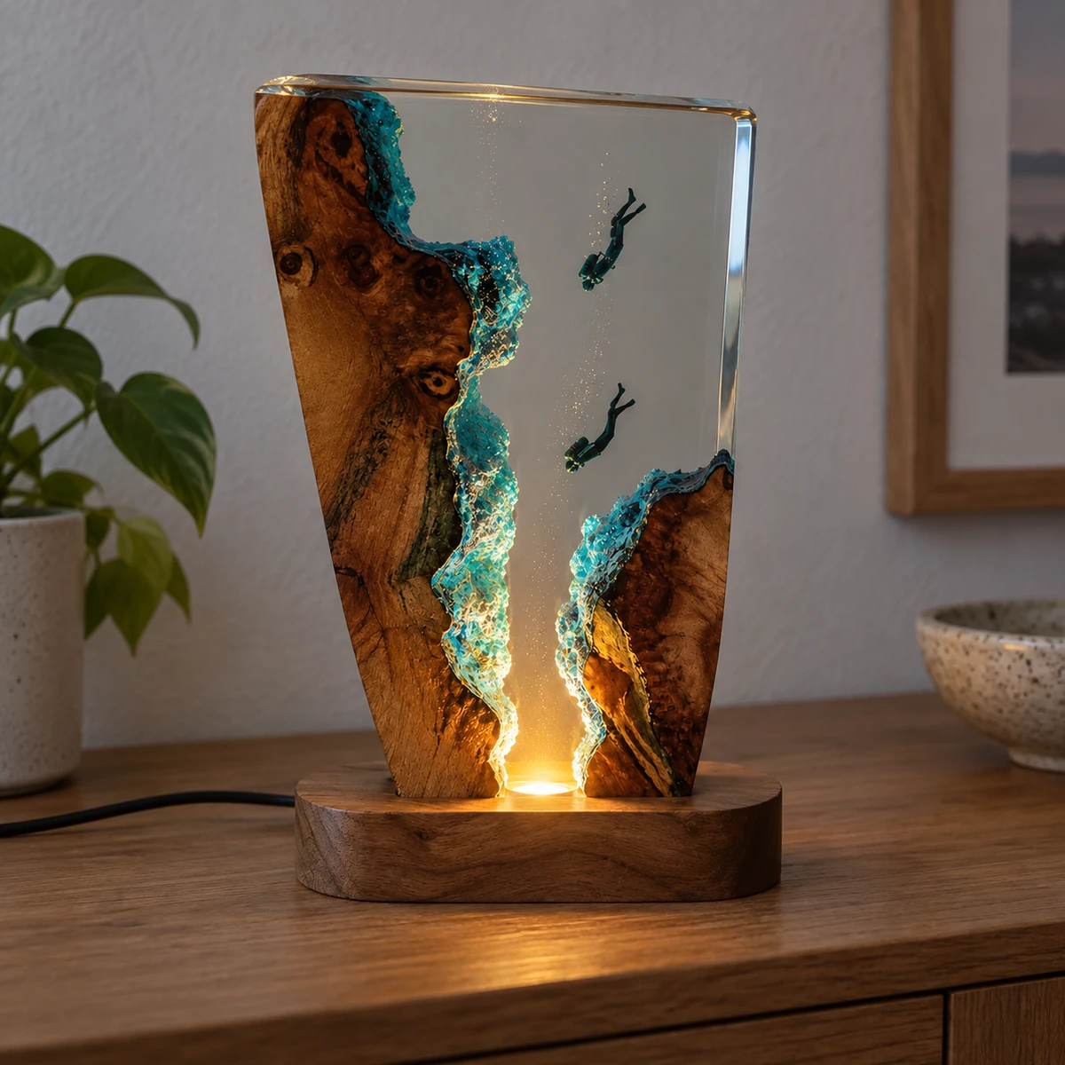 Timber and clear resin light with a diving motif