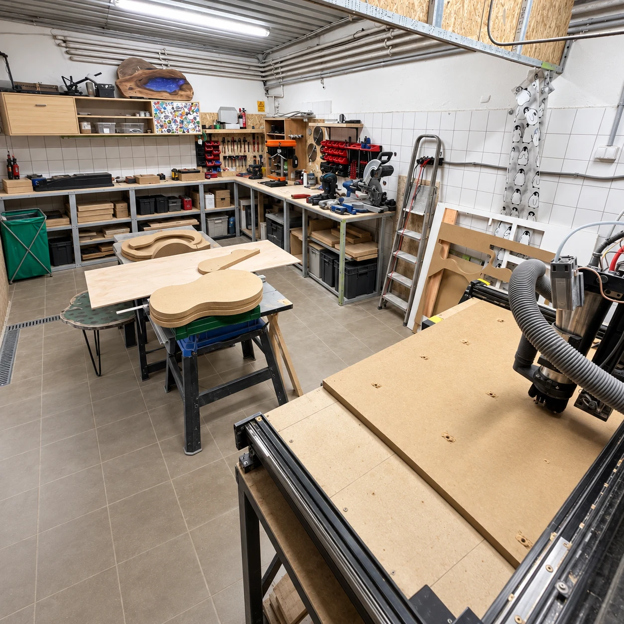 Pohľad do dielne Ahoj Epoxy s pracovnými stolmi, náradím a CNC frézou