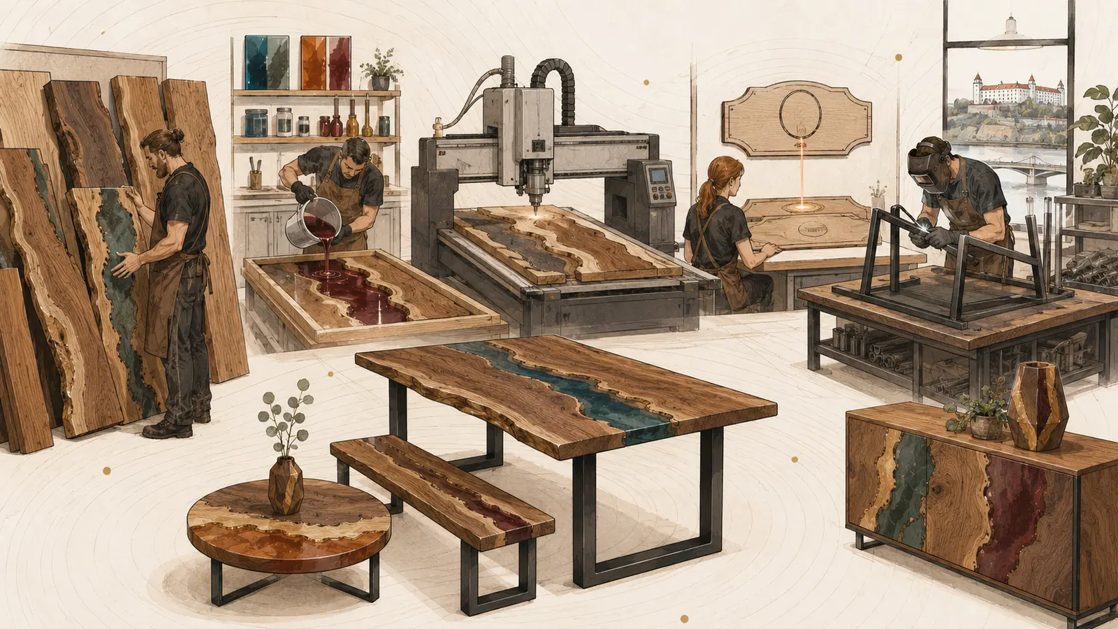 Möbel und Dekoration nach Maß: Holz, Epoxidharz und Metall zusammen gedacht